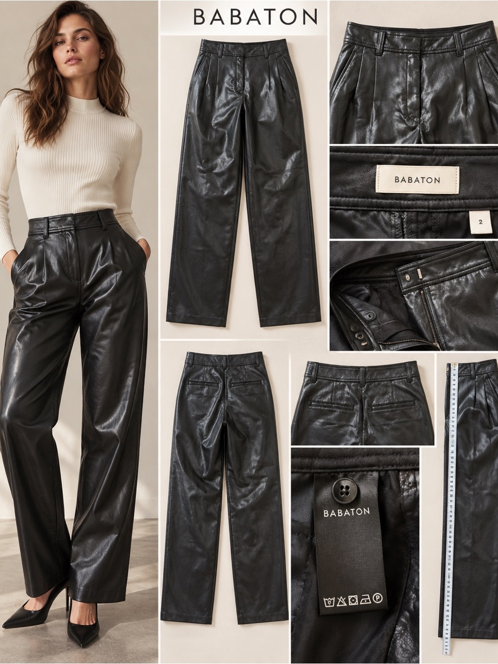 Aritzia Babaton Size 2 Black Coated Pleated Straight Leg Pants Faux Leather Look